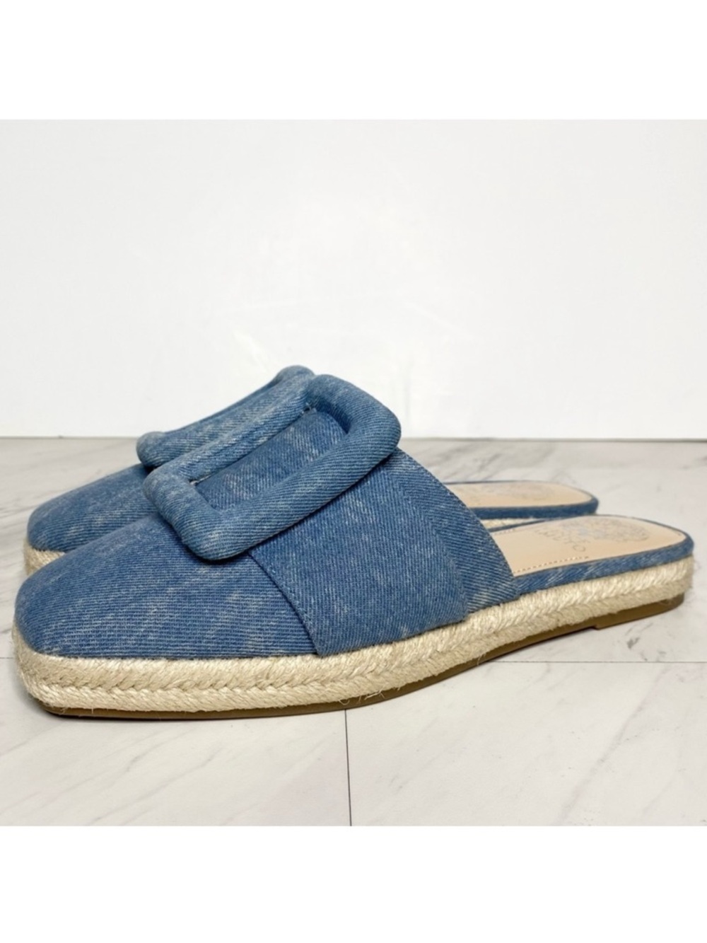 Vince Camuto Jinannie Stonewash Denim Square Toe  Espadrille Mule 7 1/2 M
